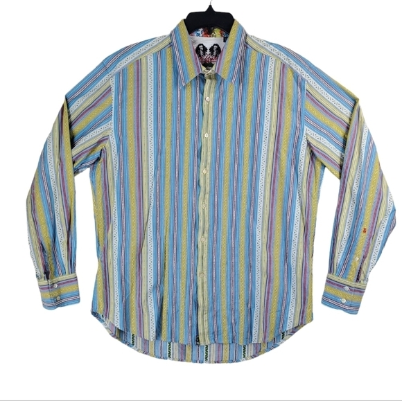 Robert Graham Shirt Men XL Blue Green Multi Striped Flip Cuff LS Casual Hipster - Picture 1 of 16